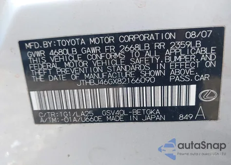 2008 Lexus Es 350 from USA, damaged, VIN JTHBJ46GX82166090